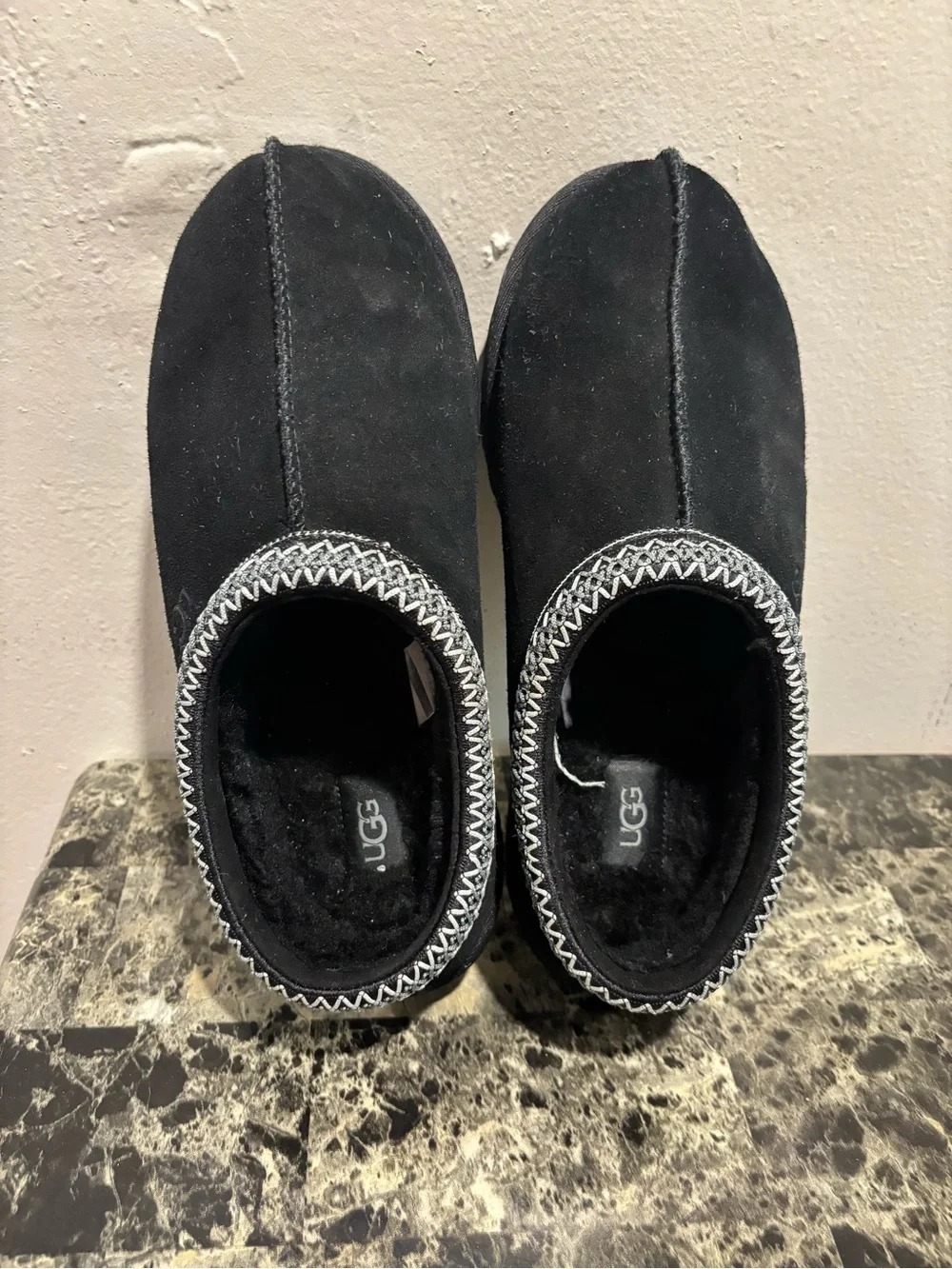 UGG Men’s Black Suede Slip-On Mules with Contrast Trim